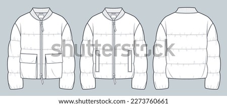 Unisex padded Jacket technical fashion Illustration. Bomber Jacket technical drawing template, crop, pocket, rib collar, zip-up,  front and back view, white, women, men, unisex CAD mockup set.