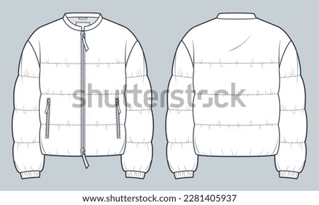 Zip-up Down Jacket technical fashion Illustration. Quilted padded Jacket, Outerwear technical drawing template, pocket, band collar, front and back view, white, women, men, unisex CAD mockup.