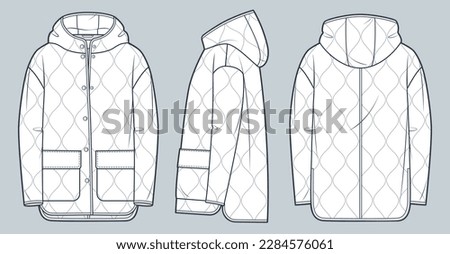 Hooded Jacket technical fashion Illustration. Quilted padded Down Jacket fashion technical drawing template, button-down, pocket, front, side and back view, white, women, men, unisex CAD mockup set.