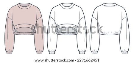 Unisex Crop Sweatshirt technical fashion illustration. Asymmetrical Sweatshirt fashion flat technical drawing template, front and back view, white, mocha color, women, men, unisex CAD mockup set.