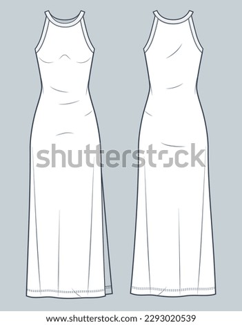 Straps Tank Top Dress technical fashion illustration. Women's Maxi Dress technical drawing template, crew neckline, side slit,  front and back view, white color, ribbed, women CAD mockup.