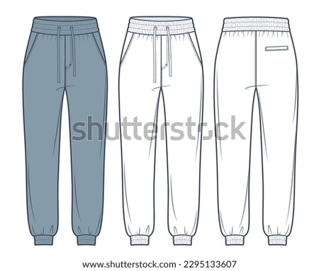 Jogger Pants fashion technical drawing template. Sweat Pants technical fashion Illustration, relaxed fit, pocket, elastic waistband, front, back view, white, grey, women, men, unisex CAD mockup set.