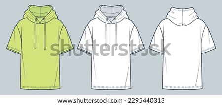 Hooded Tee Shirt fashion flat technical drawing template. Unisex T-Shirt technical fashion Illustration, overfit, hood, short sleeve, front, back view, white, lime, women, men, unisex CAD mockup set.