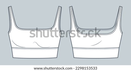 Sports Bra technical fashion illustration. Cropped Tank Top fashion flat technical drawing template, square neck, slim fit, front and back view, white color, women CAD mockup.