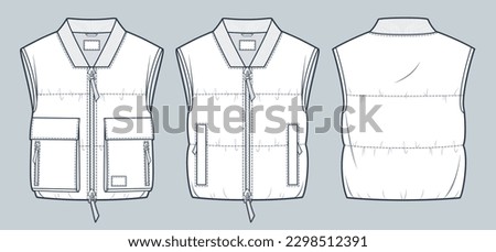 Set of Cropped padded Waistcoat technical fashion Illustration. Sleeveless Bomber Jacket fashion technical drawing template, pocket, zip-up, front, back view, white, women, men, unisex CAD mockup set.