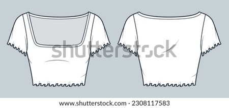 Crop Top technical fashion illustration. Cropped Tee Shirt fashion flat technical drawing template, lettuce hem, square neck, slim fit, front and back view, white color, women CAD mockup.