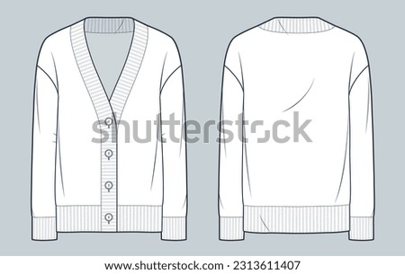 Button down Cardigan technical fashion illustration. Sweatshirt fashion flat technical drawing template, v neck, long sleeve, front and back view, white, women, men, unisex CAD mockup.