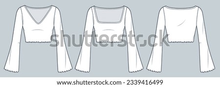 Bell Sleeved Top technical fashion illustration. Cropped Tee Shirt fashion flat technical drawing template, lettuce hem, square neck, v-neck, slim fit, front, back view, white, women CAD mockup set.