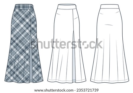 Skirt technical fashion illustration, plaid pattern. Maxi Skirt fashion flat technical drawing template, front slit, side zipper, front, back view, white, grey, women CAD mockup set.