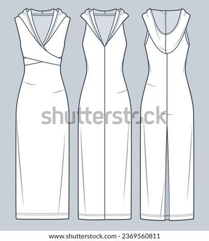 Set of Hooded Dress technical fashion Illustration. Maxi Dress fashion flat technical drawing template, slim fit, sleeveless, front and back view, white, women CAD mockup set.