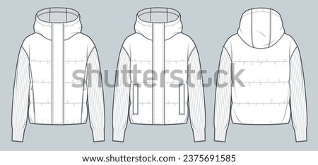 Padded Hood Jacket technical fashion Illustration. Down Cardigan, Jacket with knitted sleeves technical drawing template, pocket, rib, front and back view, white, women, men, unisex CAD mockup set.