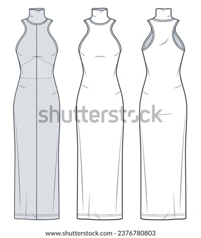 Set of jersey Dress technical fashion illustration. Knitted maxi Dress fashion flat technical drawing template, slim fit, ribbed, roll neck, front and back view, white, women CAD mockup set.