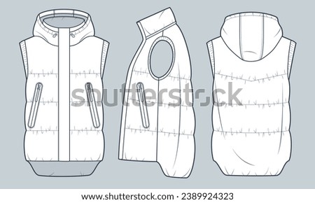 Puffer Vest technical fashion Illustration. Hooded down Vest, Waistcoat fashion flat technical drawing template, pockets, front, side and back view, white, women, men, unisex Jacket CAD mockup set.