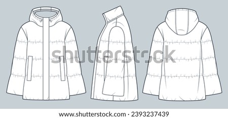 Bell Sleeve Puffer Jacket technical fashion Illustration. Hooded down Jacket fashion flat technical drawing template, pocket, front, side, back view, white, women, men, unisex Outerwear CAD mockup set