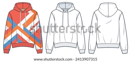 Hoodie technical fashion illustration, geometric design. Sweatshirt fashion flat technical drawing template, relaxed fit, front, back view, white, orange color, women, men, unisex Top CAD mockup set.