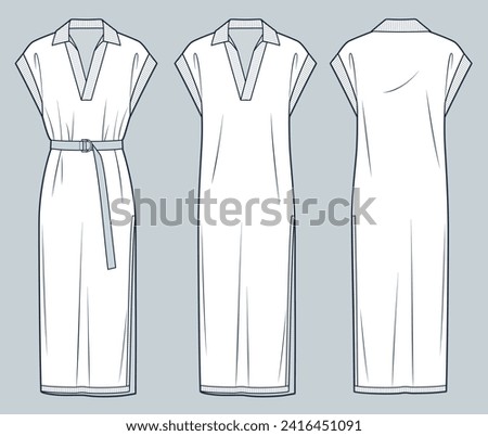 Knit Dress technical fashion illustration. Jersey midi Dress fashion flat technical drawing template, side slit, relaxed fit, polo collar, belt, rib, front and back view, white, women CAD mockup set.