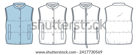 Down Jacket Vest technical fashion Illustration. Cropped padded Jacket fashion flat technical drawing template, pockets, zipper, button, front, back view, white, blue, women, men, unisex CAD mockup.