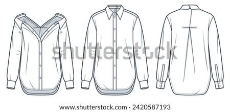 Classic Shirt technical fashion Illustration. Basic Shirt with front and back button closure fashion technical drawing template, transformer, front, back view, white, women, men, unisex CAD mockup set