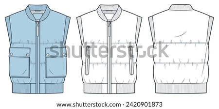Bomber  Jacket Vest technical fashion Illustration. Crop padded Jacket fashion flat technical drawing template, pockets, zipper, button, front and back view, white, blue, women, men, unisex CAD mockup