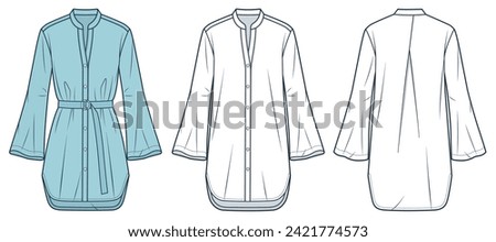 Tunic Dress technical fashion Illustration. Bell Sleeve Shirt Dress fashion technical drawing template, button down, mini, relaxed fit, front, back view, white, blue, women, men, unisex CAD mockup. 