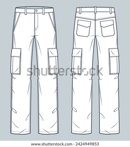 Cargo Pants technical fashion Illustration. Pants fashion flat technical drawing template, pockets, front and back view, white, women, men, unisex CAD mockup set.