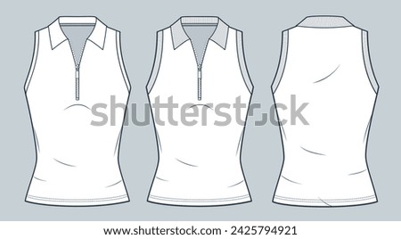 Slim Fit Top technical fashion illustration. Half Zip Top fashion flat technical drawing template, polo collar, front and back view, white, women, men, unosex CAD mockup set.