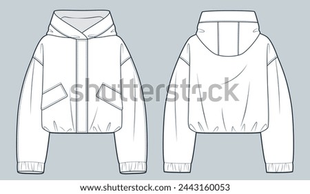 Hooded Jacket technical fashion Illustration. Unisex Nylon Jacket fashion flat technical drawing template, pocket, hood, oversize, front and back view, white, women, men, unisex CAD mockup.