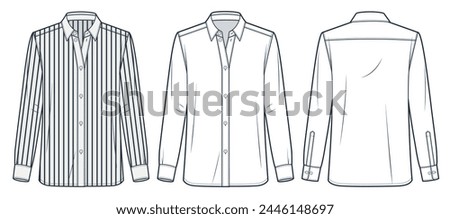 Striped Shirt technical fashion Illustration. Classic Shirt fashion flat technical drawing template, button, relaxed fit, front, back view, white, women, men, unisex CAD mockup set.