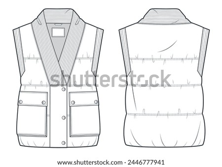 Vest Jacket technical fashion Illustration. Down Jacket Vest fashion flat technical drawing template, patch pocket, button, sleeveless, front and back view, white, rib, women, men, unisex CAD mockup.