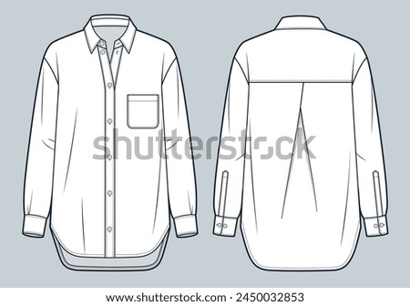 Unisex Shirt technical fashion Illustration. Classic Shirt fashion flat technical drawing template, button, oversize, pocket, front and back view, white, women, men, unisex CAD mockup.