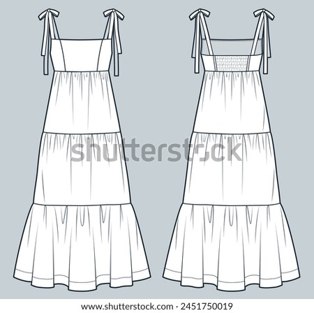 Tiered Maxi Dress technical fashion illustration. Knot Strap Dress fashion flat technical drawing template, bustier, relaxed fit, front and back view, white, women CAD mockup set.