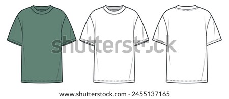 Tee Shirt fashion flat tehnical drawing template. Unisex T-Shirt technical fashion illustration, oversize, front and back view, white, green, women, men, unisex Top CAD mockup set.