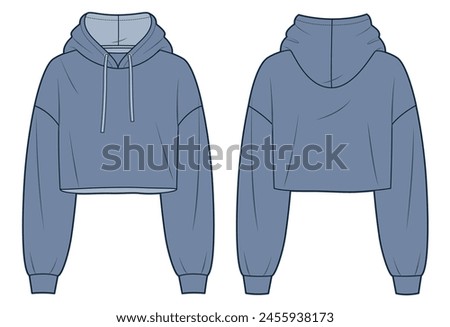 Hooded Sweatshirt technical fashion illustration. Crop Hoodie fashion flat technical drawing template, relaxed fit, raw hem, front and back view, purple, women, men, unisex Top CAD mockup set.