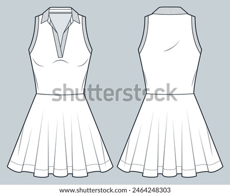 Polo Dress technical fashion illustration. Flare mini Dress fashion flat technical drawing template, sleeveless, v neck, front and back view, white, women Jersey Dress CAD mockup.