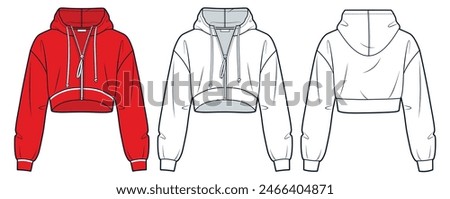 Hooded Sweatshirt technical fashion illustration. Zipped Jacket fashion flat technical drawing template, crop, relaxed fit, front back view, white, red, women, men, unisex Sportswear CAD mockup set.