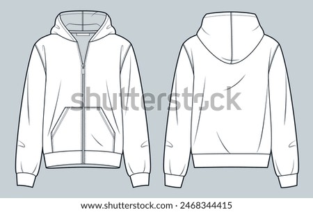 Hooded Sweatshirt technical fashion illustration. Zipped Jacket fashion flat technical drawing template, pocket, relaxed fit, front and back view, white, women, men, unisex Sportswear CAD mockup set.