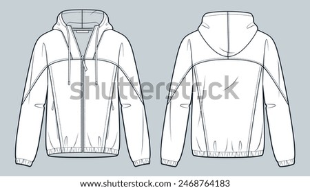 Zipped Jacket technical fashion illustration. Hooded Sweatshirt fashion flat technical drawing template, pockets, relaxed fit, front and back view, white, women, men, unisex Sportswear CAD mockup set.