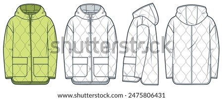 Hooded Down Jacket technical fashion Illustration. Quilted Padded Jacket fashion flat technical drawing template, front, side and back view, white, lime colour, women, men, unisex CAD mockup set.