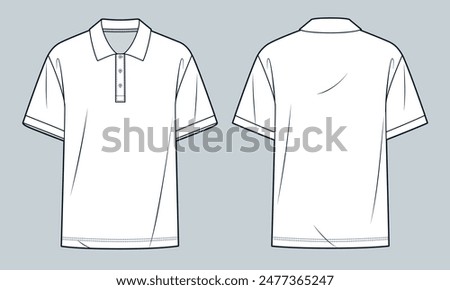 Polo Shirt technical fashion illustration. T-Shirt fashion flat technical drawing template, short sleeve, polo collar, buttons, relaxed fit, front and back view, white, women, men, unisex CAD mockup.