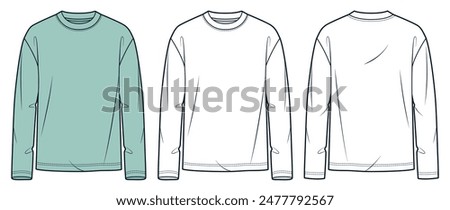 Long Sleeve Shirt fashion technical drawing template. Unisex T-Shirt technical fashion illustration, crew neck, long sleeve, front, back view, white, mint green, women, men, unisex Top CAD mockup set.