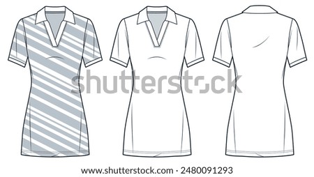 Polo Dress technical fashion illustration, striped design. Jersey mini Dress fashion flat technical drawing template, v-neck, slim fit, front and back view, white, gray, women Dress CAD mockup set.