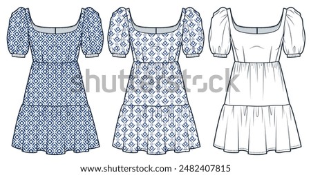 Tiered Dress technical fashion illustration, floral pattern. Square Neck Dress fashion flat technical drawing template, mini lengths, puff sleeve, front view, white, blue, women Dress CAD mockup set.