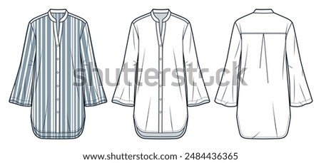 Tunic Dress technical fashion Illustration. Bell Sleeve Shirt Dress fashion flat technical drawing template, mini, relaxed fit, front, back view, white, gray stripe, women, men, unisex CAD mockup set 