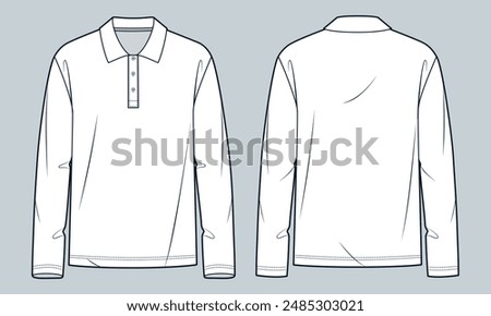 Polo Shirt technical fashion illustration. Long Sleeve Shirt fashion flat technical drawing template, polo collar, buttons, relaxed fit, front and back view, white, women, men, unisex Top CAD mockup.