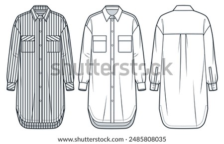 Shirt Dress technical fashion Illustration, stripe design. Tunic Dress fashion technical drawing template, button down, relaxed fit, front, back view, white, blue, women, men, unisex CAD mockup set.