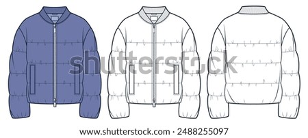 Down Jacket technical fashion Illustration. Padded Jacket fashion flat technical drawing template, ribbed collar, pockets, front, back view, white, violet, women, men, unisex Outerwear CAD mockup set.