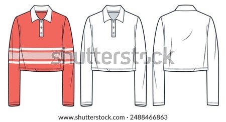 Cropped Polo Shirt technical fashion illustration. Long Sleeve Shirt fashion technical drawing template, buttons, relaxed fit, front back view, white, neon flare, women, men, unisex Top CAD mockup set