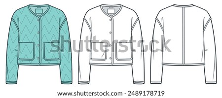 Down Jacket technical fashion Illustration. Padded Jacket fashion flat technical drawing template,  pockets, front and back view, white, green, women, men, unisex Outrwear CAD mockup set.