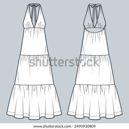 Halter Dress technical fashion illustration. Tiered Maxi Dress fashion flat technical drawing template,  front and back view, white, women Dress CAD mockup.