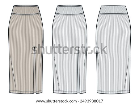 Knit Skirt technical fashion illustration. Jersey midi Skirt fashion flat technical drawing template, ribbed, front slit, slim fit, front and back view, white, beige, women CAD mockup set.